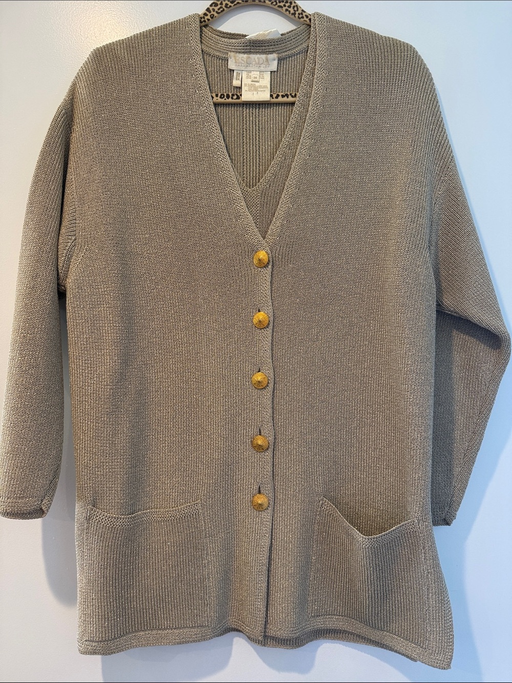 2 piece Escada Taupe Button-Front V-Neck Long Cardigan with Gold Buttons